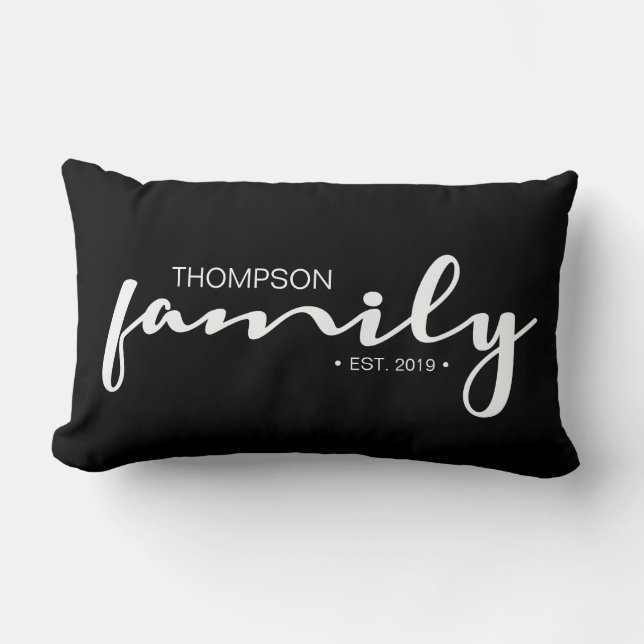 Modern handwritten script family name established lumbar pillow (Front)