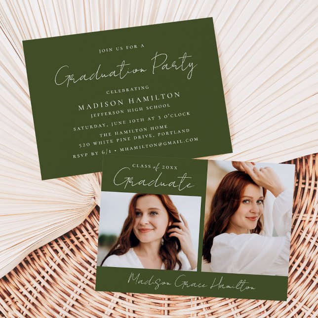 Modern Handwritten Script Green 2 Photo Graduation Invitation (Creator Uploaded)