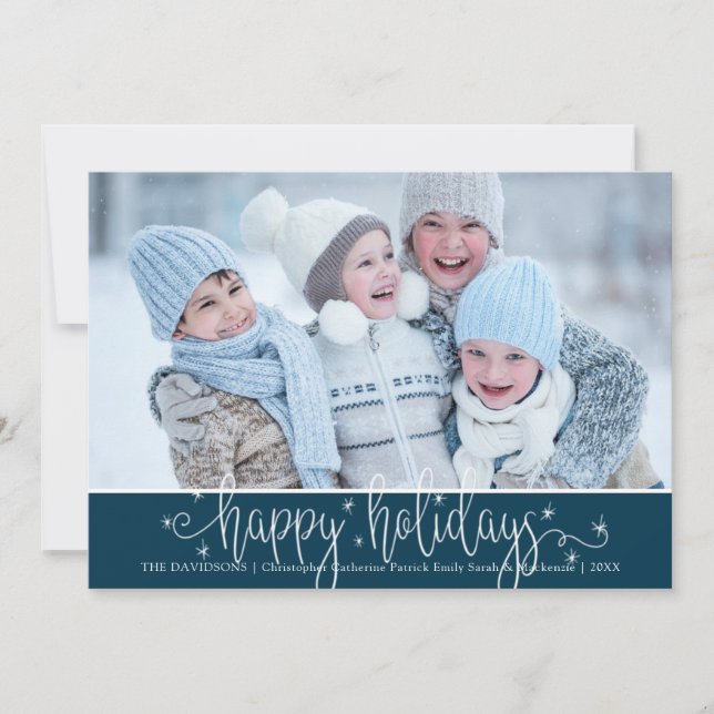 Modern Handwritten Script HAPPY HOLIDAYS Blue Holiday Card (Front)