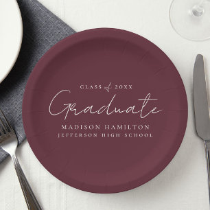 Modern Handwritten Script Maroon Graduation Paper Plate