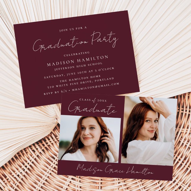 Modern Handwritten Script Maroon Photo Graduation Invitation (Creator Uploaded)