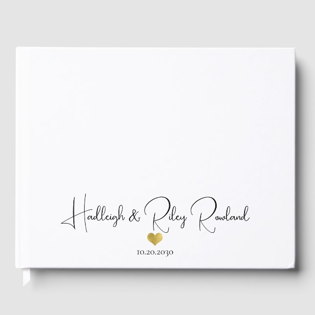 Modern Handwritten Script Name Gold Heart Wedding Guest Book (Front)