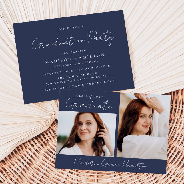 Modern Handwritten Script Navy 2 Photo Graduation Invitation (Creator Uploaded)