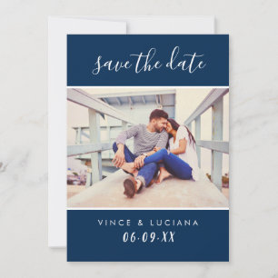 Modern Handwritten Script Navy Wedding Photo Save The Date