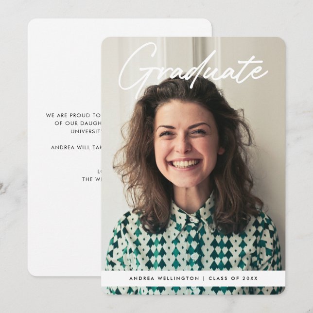 Modern Handwritten Script Photo Graduation  Announcement (Front/Back)