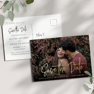 Modern Handwritten Script Photo Save the Date Foil Invitation Postcard