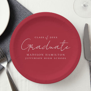 Modern Handwritten Script Red Graduation Paper Plate