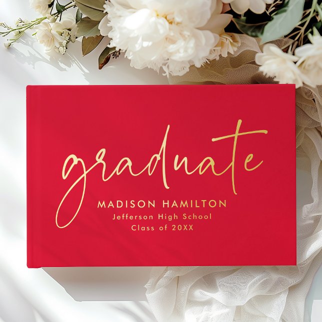 Modern Handwritten Script Red Photo Graduation Guest Book (Creator Uploaded)
