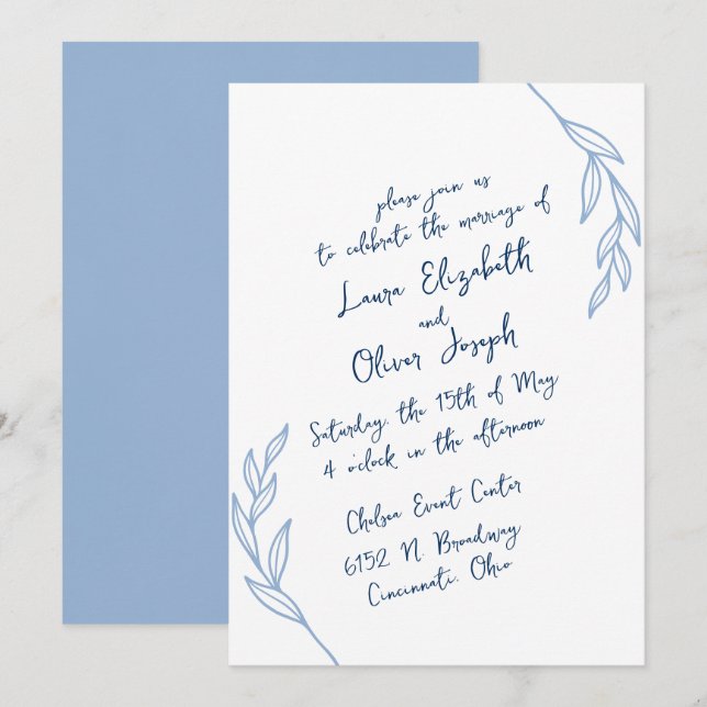 Modern Handwritten Script Wedding Invitations Blue (Front/Back)