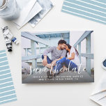 Modern Handwritten Script Wedding Photo Blue Save The Date<br><div class="desc">Announce your wedding in style with these modern save the date announcement cards that feature your engagement photo with a lovely script overlay design that is elegant yet playful. Includes modern custom text that can be personalized on the front with all of the important details, along with a coordinating pattern...</div>