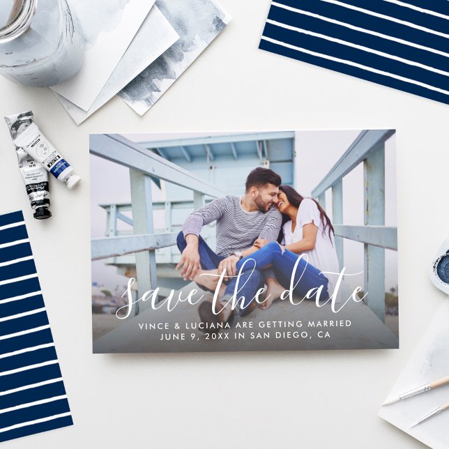 Modern Handwritten Script Wedding Photo Navy Save The Date (Creator Uploaded)