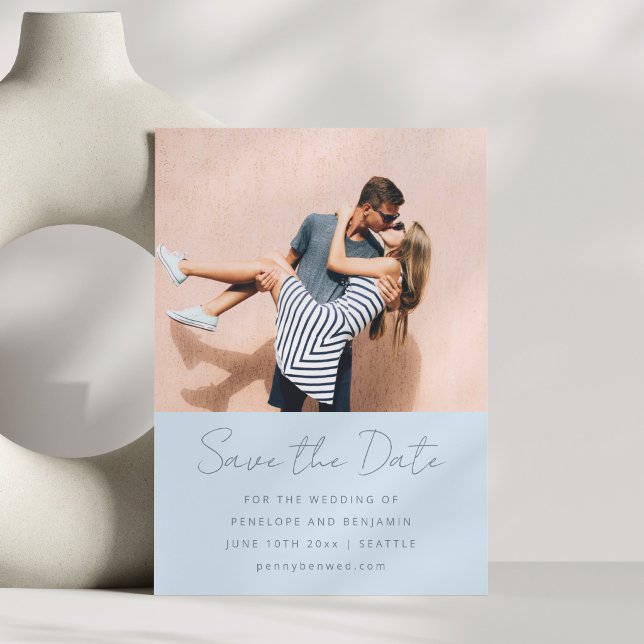 Modern Handwritten Soft Blue Wedding Photo Save The Date (Creator Uploaded)