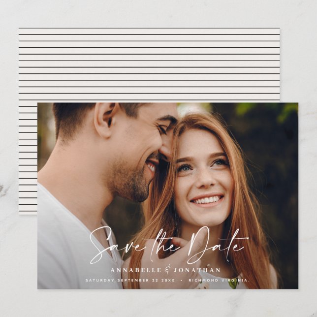 Modern handwritten typography wedding 1 photo save save the date (Front/Back)