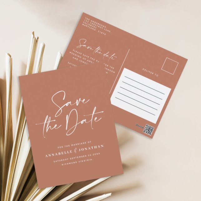 Modern handwritten typography wedding terracotta postcard (Creator Uploaded)