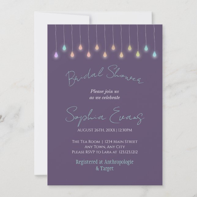 Modern Hanging Lights Purple Bridal Shower Invitation (Front)