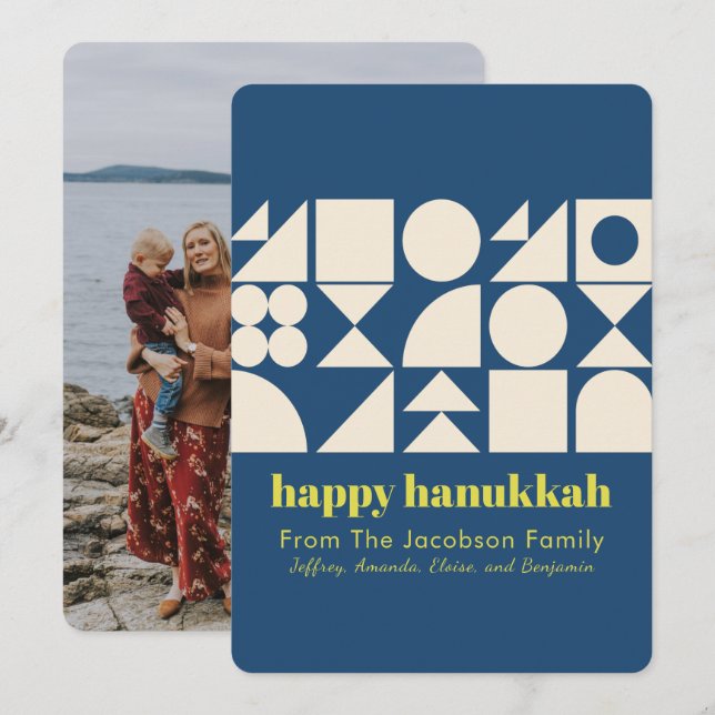 Modern Hanukkah Blue Geometric Back Photo  Holiday Card (Front/Back)