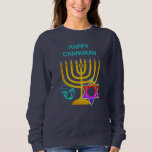 Modern Hanukkah HAPPY CHANUKAH Sweatshirt<br><div class="desc">Modern Hanukkah HAPPY CHANUKAH unisex sweatshirt, with CUSTOMIZABLE TEXT, designed with faux gold menorah, colourful Star of David and silver coloured dreidel plus CUSTOMIZABLE GREETING, so you can create your own greeting. Ideal men's or women's sweater for Hanukkah season. Choose from a wide section of Hanukkah clothing and gifts, designed...</div>