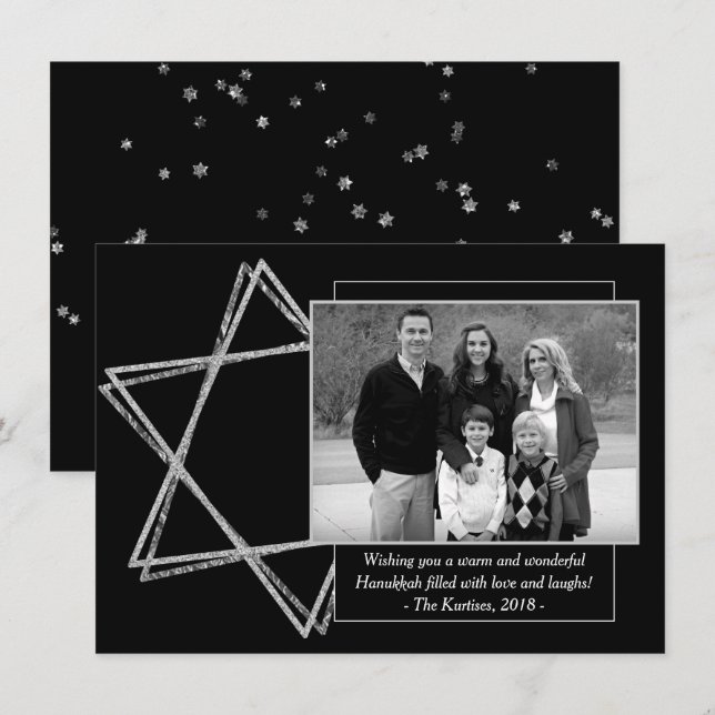 Modern Hanukkah Silver Wishful Star of David Photo Holiday Card (Front/Back)