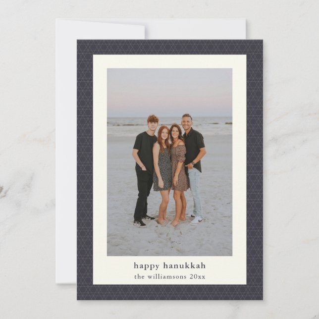 Modern Hanukkah Star Elegant Navy Blue Photo Holiday Card (Front)