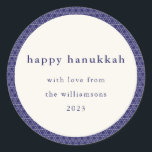 Modern Hanukkah Star Lines Elegant Blue Custom Classic Round Sticker<br><div class="desc">Send your Hanukkah wishes in style with this elegant sticker featuring a modern Jewish star line pattern in vibrant blue and white. Personalized with your photo, greeting, and name, it’s the perfect festive touch for gifts, envelopes, or party favours to share the joy of the season with friends and family....</div>