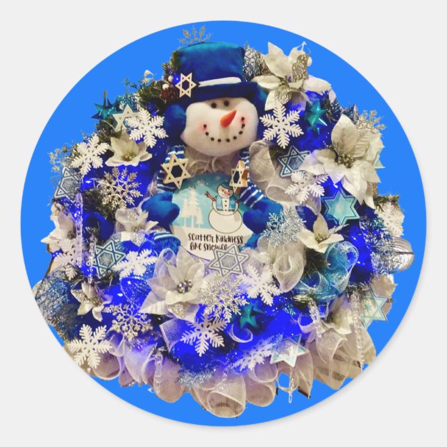 Modern Hanukkah Star of David Snowman Wreath  Classic Round Sticker (Front)