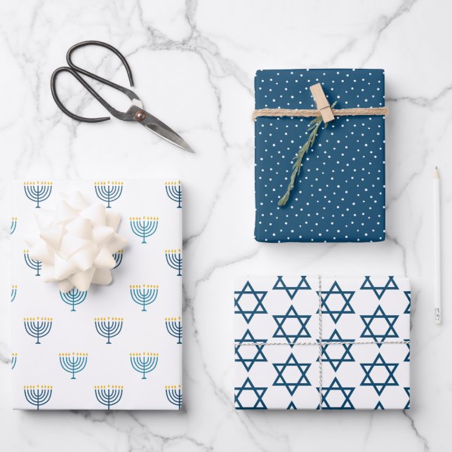 Modern Hanukkah wrapping paper - navy (Front)