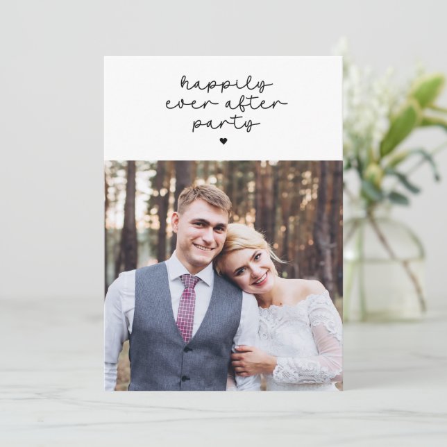 Modern Happily Ever After Script Heart Photo Party Invitation (Standing Front)