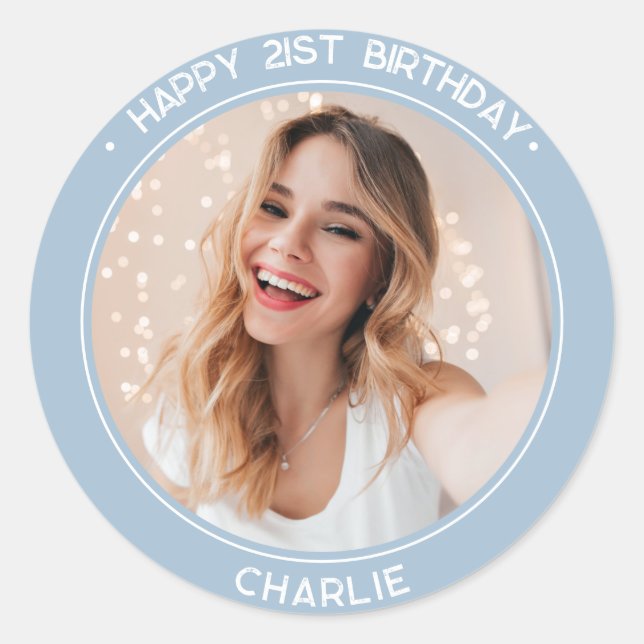 Modern Happy 21st Birthday Dusty Blue Photo  Classic Round Sticker (Front)