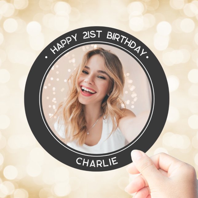 Modern Happy 21st Birthday Photo Black Classic Round Sticker (Modern Happy 21st Birthday Photo Black Classic Round Sticker
)