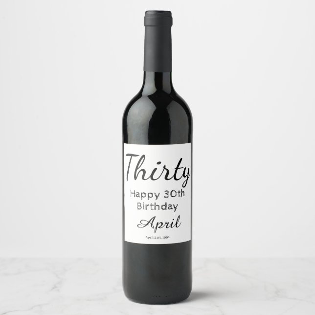 Modern Happy 30th Birthday Wine Bottle Label (Front)