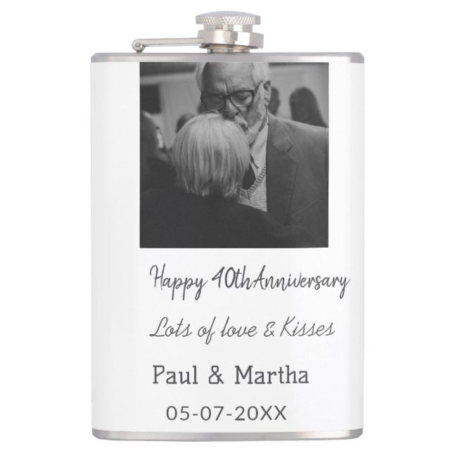Modern happy 40th anniversary add name date photo hip flask (Front)