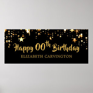Modern HAPPY BIRTHDAY ANY AGE Black Gold Stars Poster