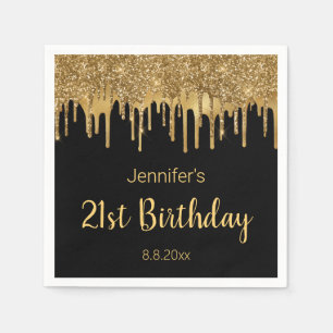 modern happy birthday black gold dripping glitters napkin