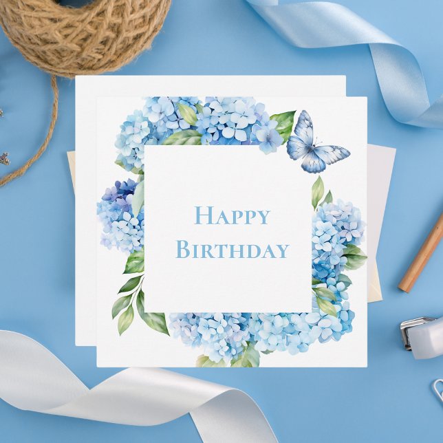 Modern Happy Birthday Blue Hydrangea Chic Card (Creator Uploaded)