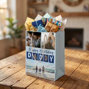 Modern Happy Birthday Daddy Blue 3 Photo Medium Gift Bag