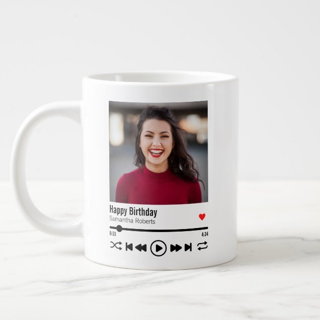 Modern Happy Birthday Personalized Photo Large Coffee Mug (Left)