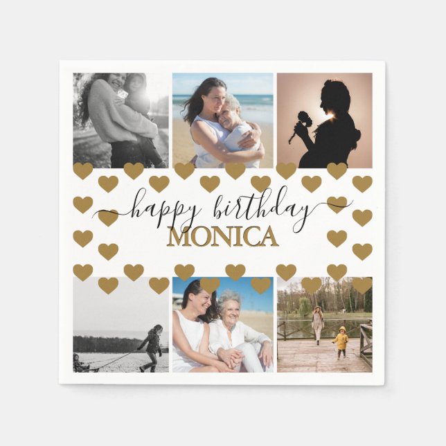 Modern Happy Birthday Photo Collage Name Script Napkin (Front)