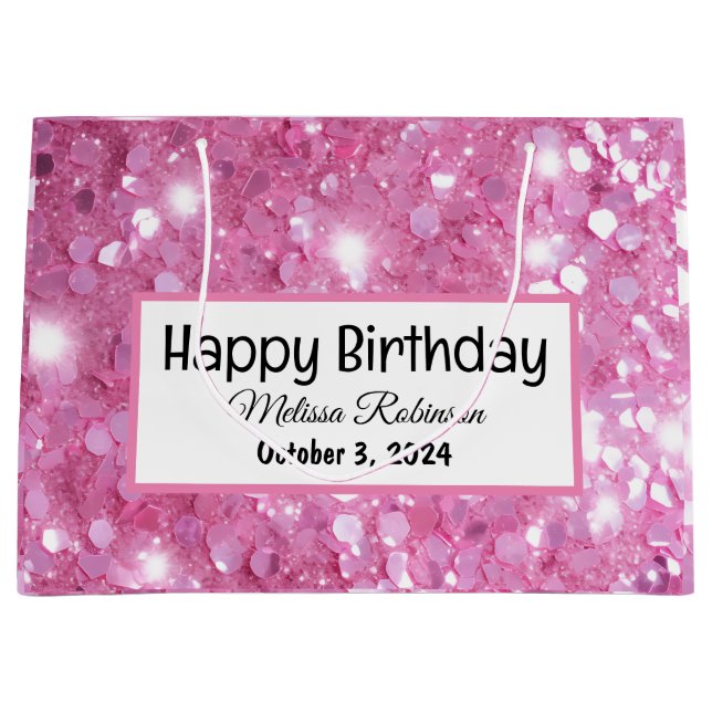 Modern Happy Birthday Pink Glitter  Large Gift Bag (Front)