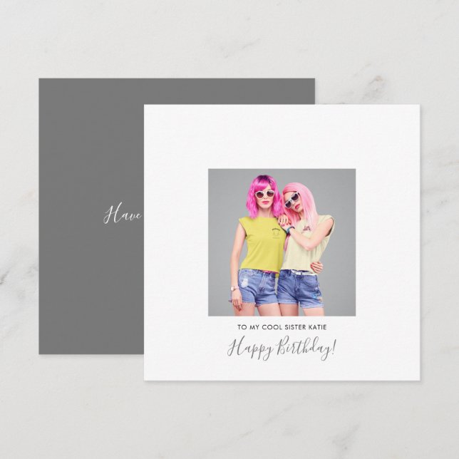 Modern Happy Birthday Sister Photo Name Grey Card (Front/Back)
