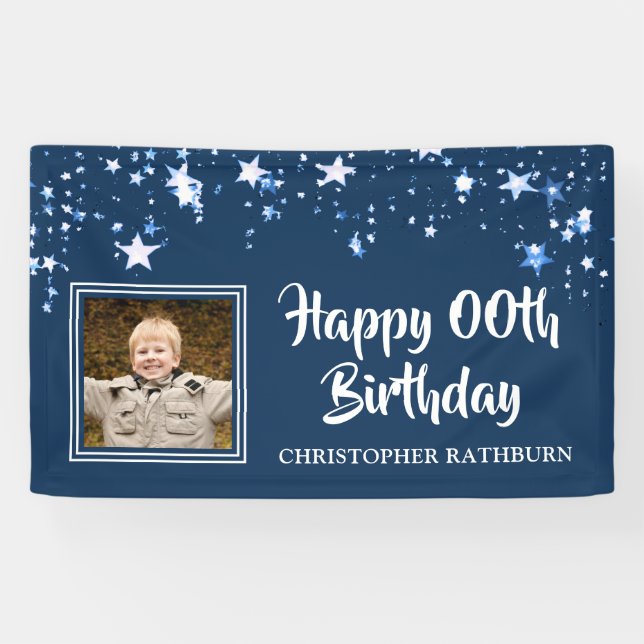 Modern HAPPY # Birthday Stars Photo Name Blue Banner (Horizontal)