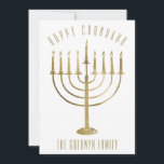 Modern Happy Chanukah Menorah Holiday Photo Card<br><div class="desc">Share your holiday wishes this Chanukah season with a unique personalized photo flat card. This festive design features a gold menorah on the front of the card. Above reads "Happy Chanukah" and a family name below which may be personalized. The back of the card features a family photo for you...</div>