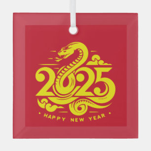 Modern Happy Chinese New Year of the Snake 2025 Glass Ornament