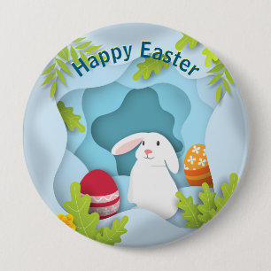 Modern Happy Easter Bunny I 3D Easter Egg Design 4 Inch Round Button