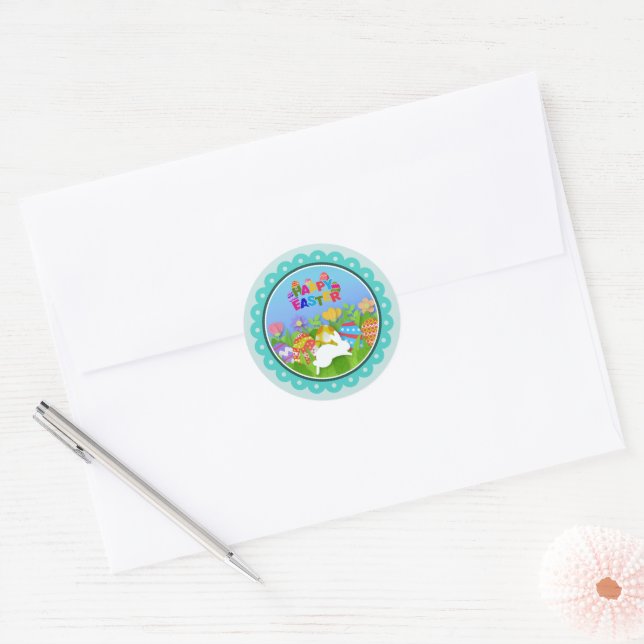 Modern Happy Easter Bunny I 3D Easter Egg Design Classic Round Sticker (Envelope)