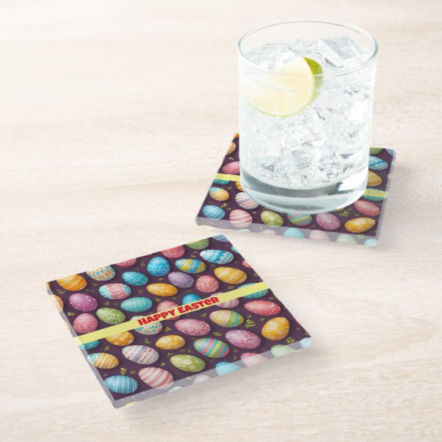 Modern Happy Easter Eggs Collection Glass Coaster (Angled)