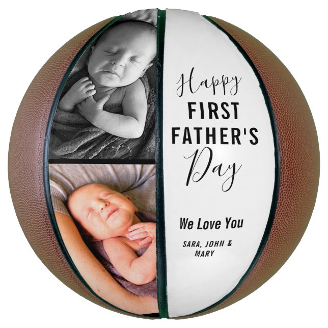 Modern Happy First Father’s Day White 2 Photo Name Basketball (Vertical)