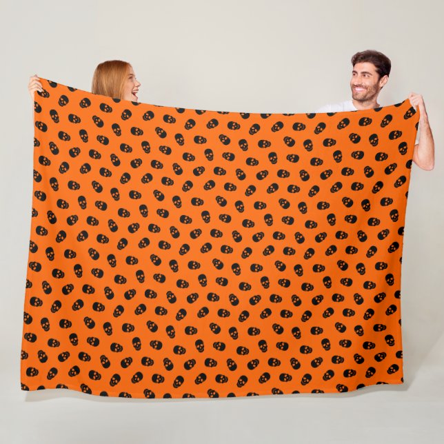 Modern Happy Halloween Orange Skull Fleece Blanket (In Situ)