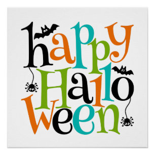Modern Happy Halloween Typography Bats Spiders Poster