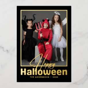 Modern  Happy Halloween Typography Photo Foil Holiday Card