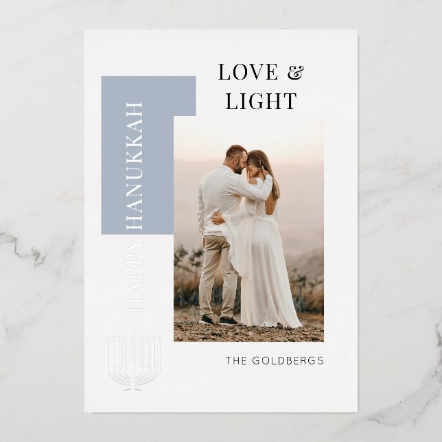 Modern Happy Hanukkah Love Light Photo Foil Holiday Card (Front)